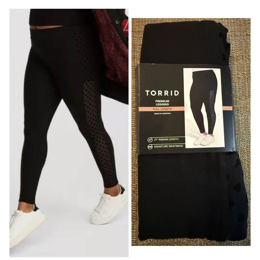 Torrid 1 (1X) Sexy Black Full Length Side‎ Mesh Heart Tattoo Embossed Leggings